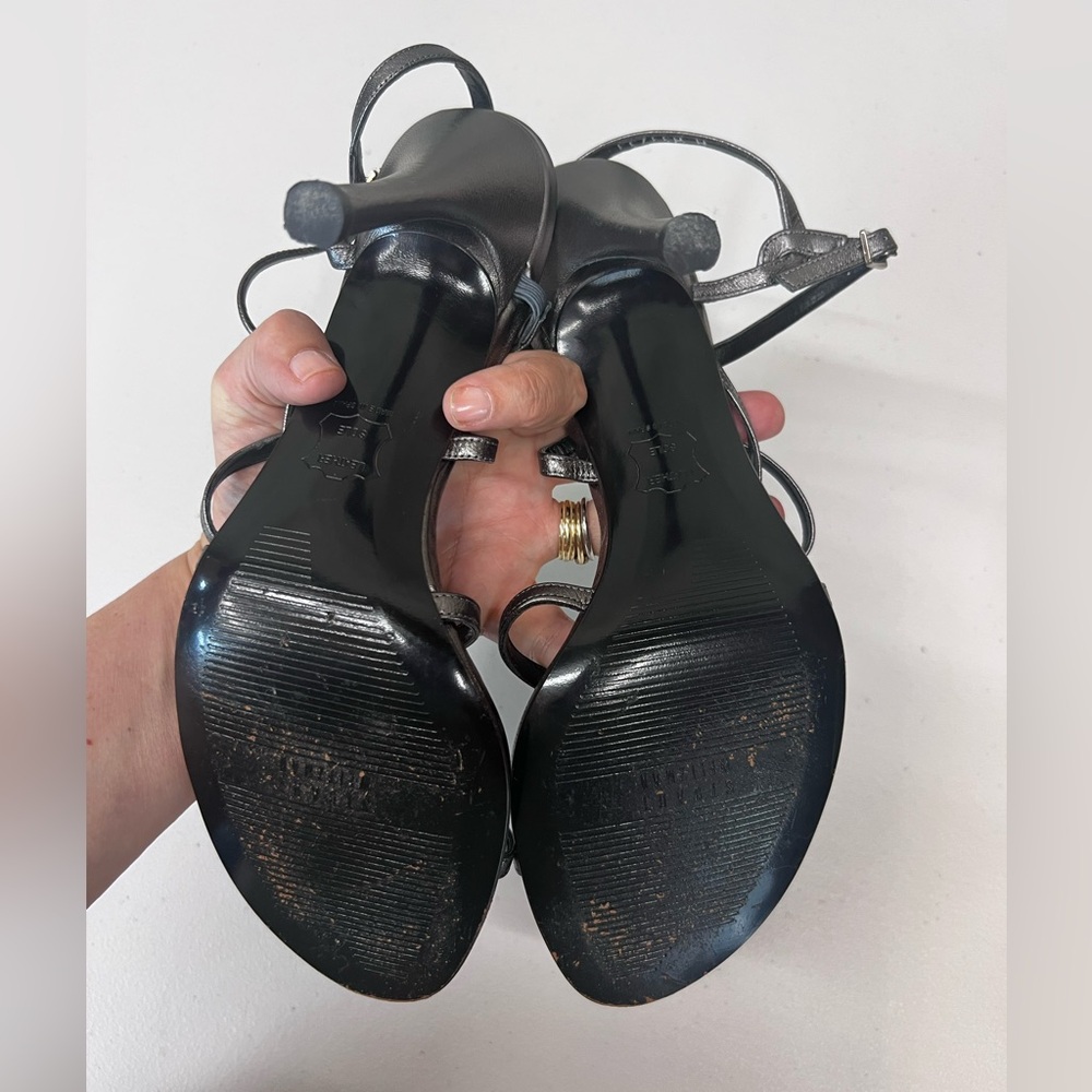 Stuart Weitzman Size 9 Pewter Gunmetal Leather Strappy Sandals Heels - Picture 10 of 15